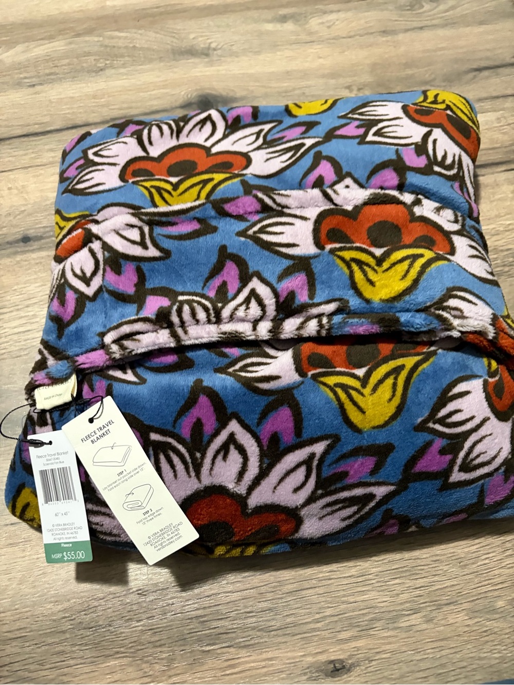 NWT Vera Bradley Blue Floral Fleece Blanket- includes over luggage handle option
